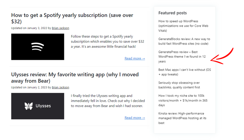 content on the sidebar of the homepage