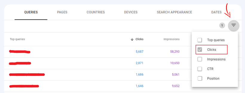From the Filter icon, choose the Clicks.