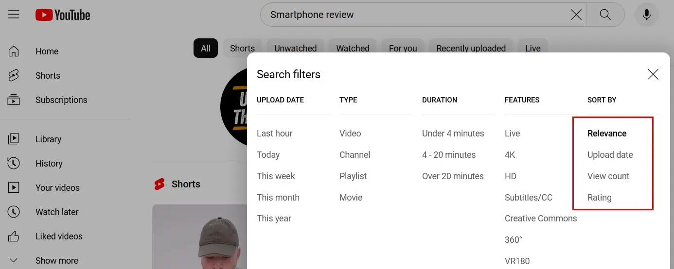 filter of Youtube search results