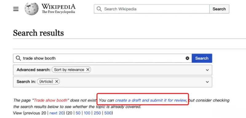 a Wikipedia page that has not yet been created