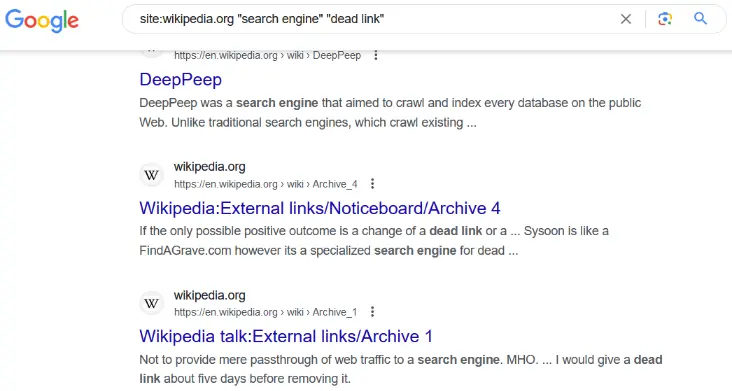 using google operator to find deadlinks on wikipedia