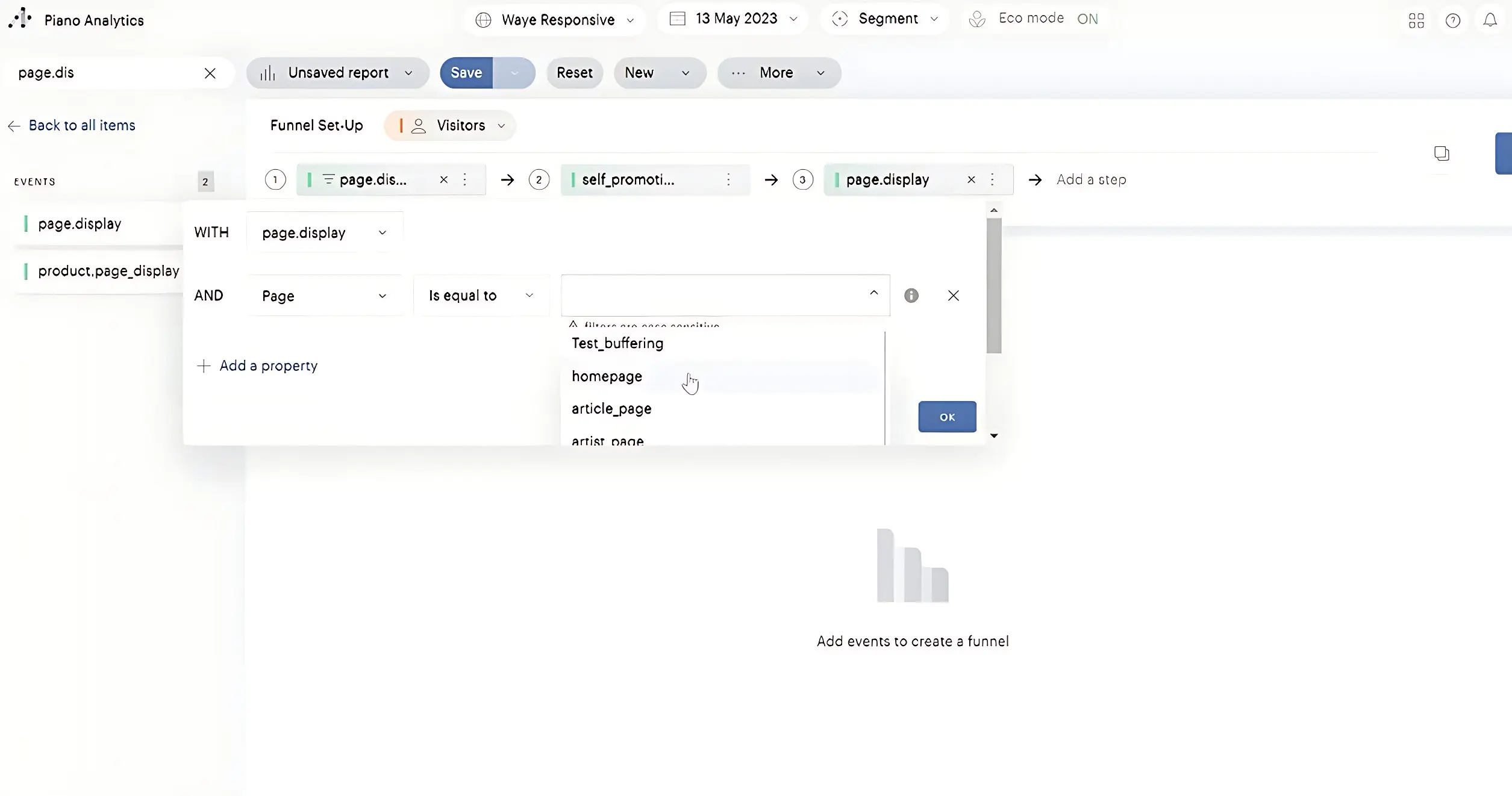 create page.display event in Pinao Analytics - add filter and pages