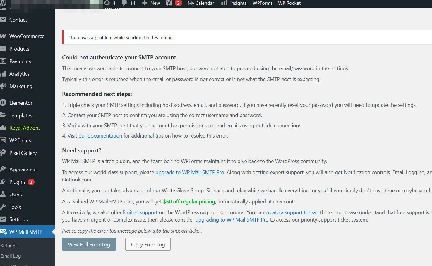 Could not authenticate your SMTP account